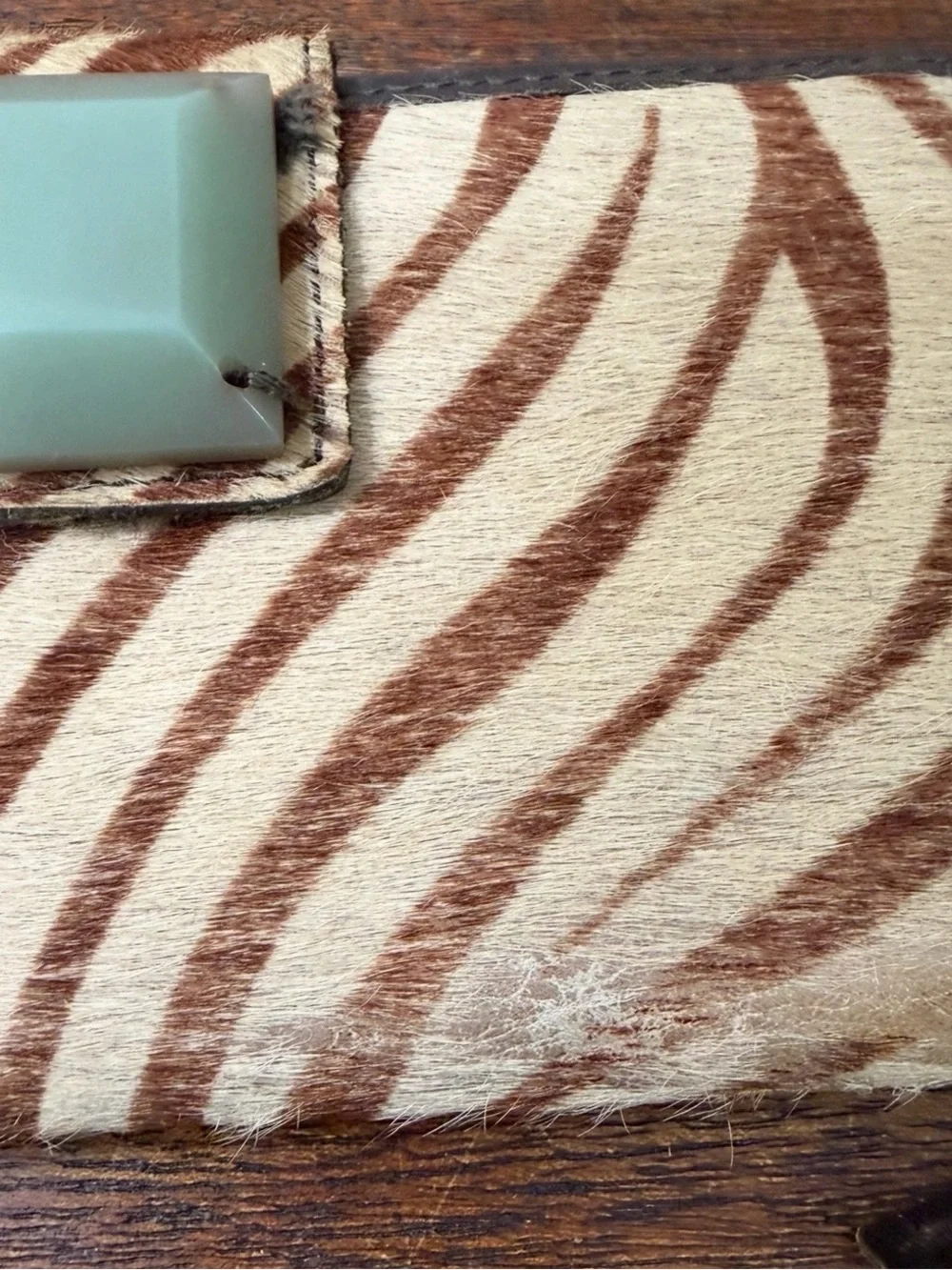 Vintage Boden Zebra Calf Hair turquoise trim zipper wallet
